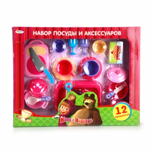 НАБОР ПОСУДЫ "ИГРАЕМ ВМЕСТЕ" "МАША И МЕДВЕДЬ" ПЛАСТ. 12 ПРЕДМ., В АССОРТ. В РУСС. КОР.