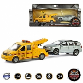 Машина мет.ин. 1:36 Volvo Эвакуатор с машиной, свет, звук, откр.двери, 13 см, (27см)